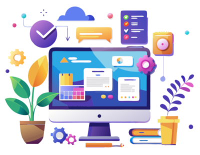 Espace de travail numérique avec ordinateur affichant calendrier, graphiques et icônes