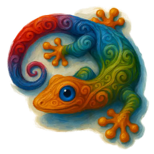 Logo Codèvea en forme de gecko coloré sur fond sable