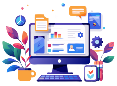 Poste de travail numérique avec ordinateur affichant graphiques et icônes, entouré de plantes